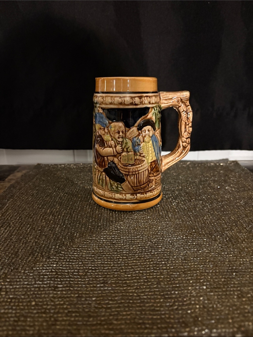 Vintage Ceramic Beer Stein Mug in Warm Tan and Multicolor Relief